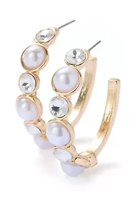 Crystal Pearl Stone C Hoop Earrings