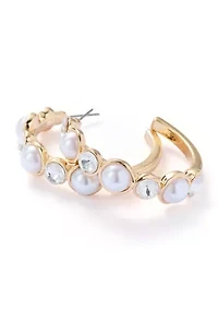 Crystal Pearl Stone C Hoop Earrings