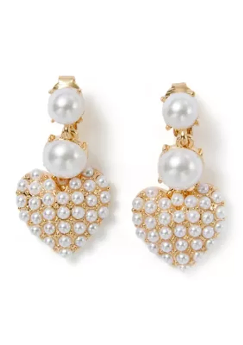 White Pearl Pave Heart Double Drop Earrings