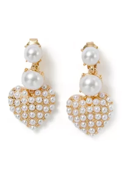 White Pearl Pave Heart Double Drop Earrings