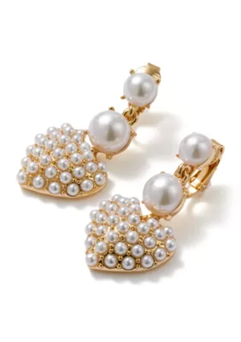 White Pearl Pave Heart Double Drop Earrings