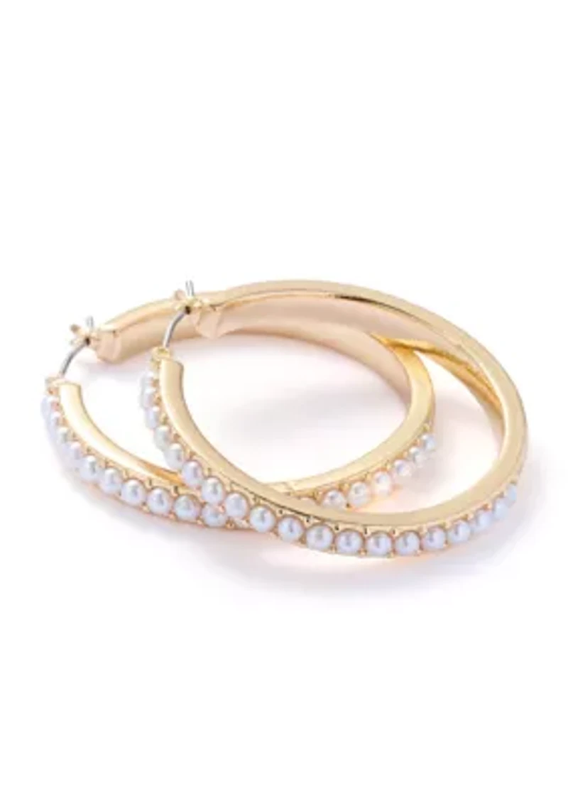 Pearl Pavé Thin Hoop Earrings
