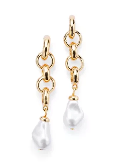 Pearl Stone Gold Tone Link Linear Earrings 