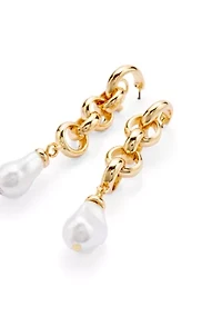 Pearl Stone Gold Tone Link Linear Earrings 