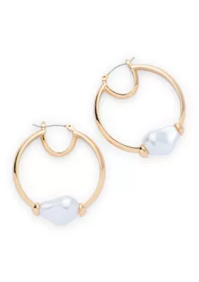 Pearl Center Gold Tone Hoop Earrings