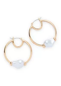 Pearl Center Gold Tone Hoop Earrings
