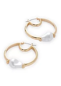 Pearl Center Gold Tone Hoop Earrings
