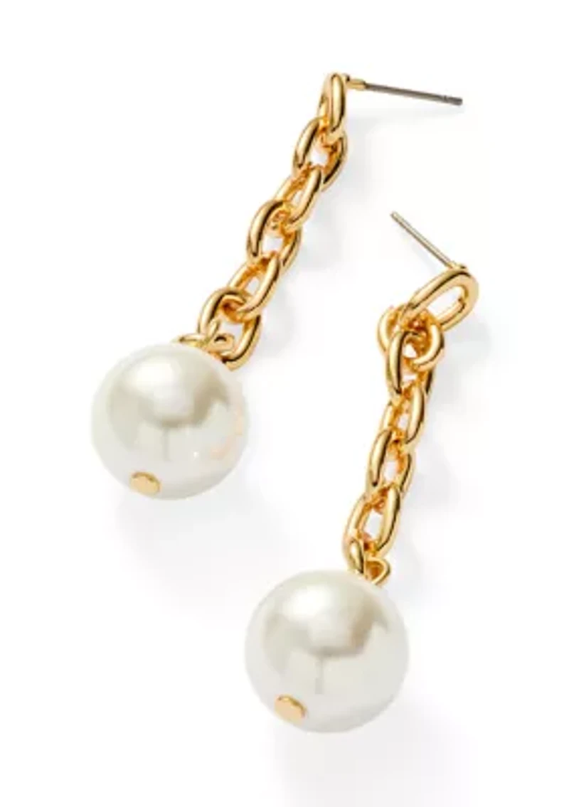 Gold Tone link Pearl Linear Earrings