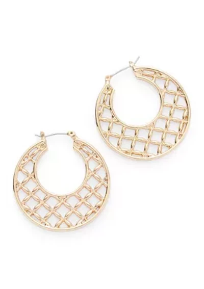 Lattice Gold Tone Click Hoop Earrings 