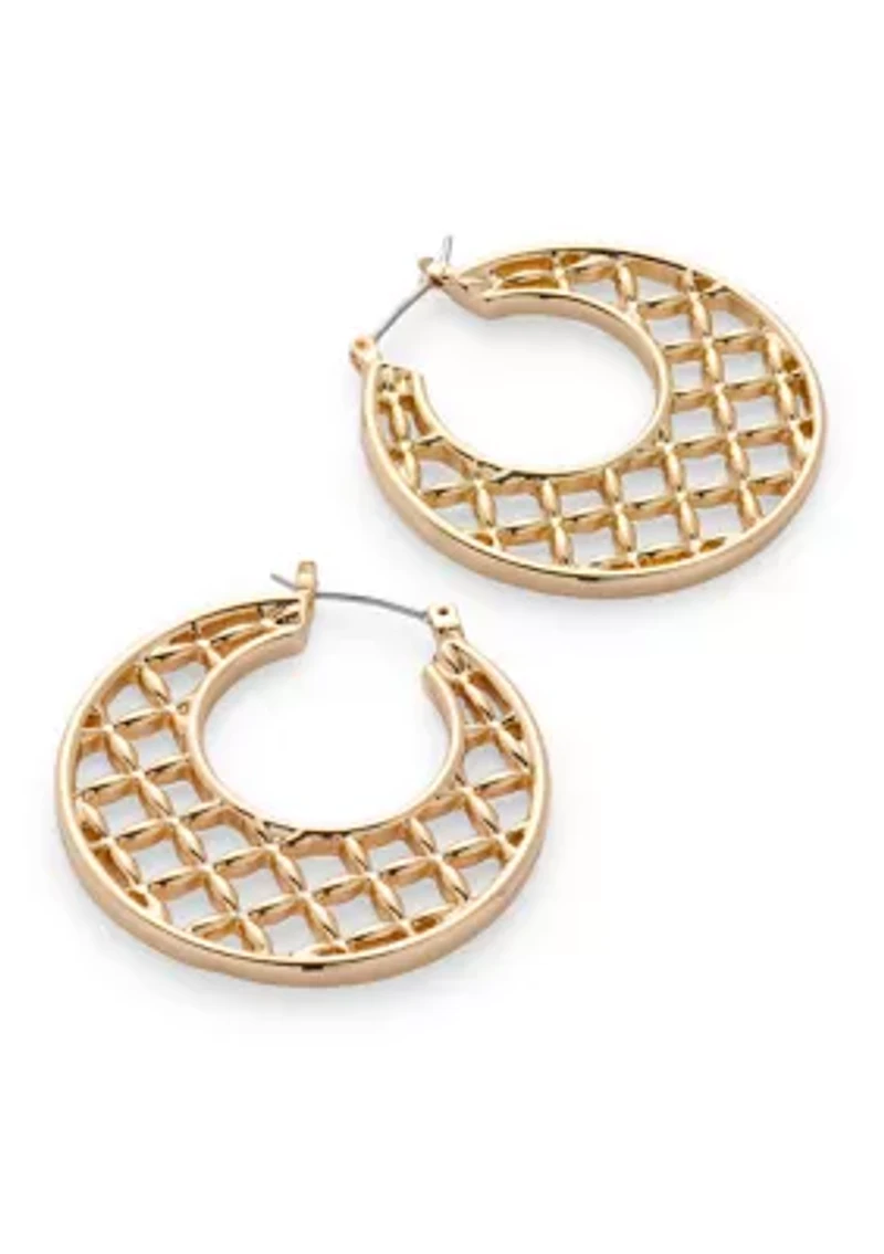 Lattice Gold Tone Click Hoop Earrings 