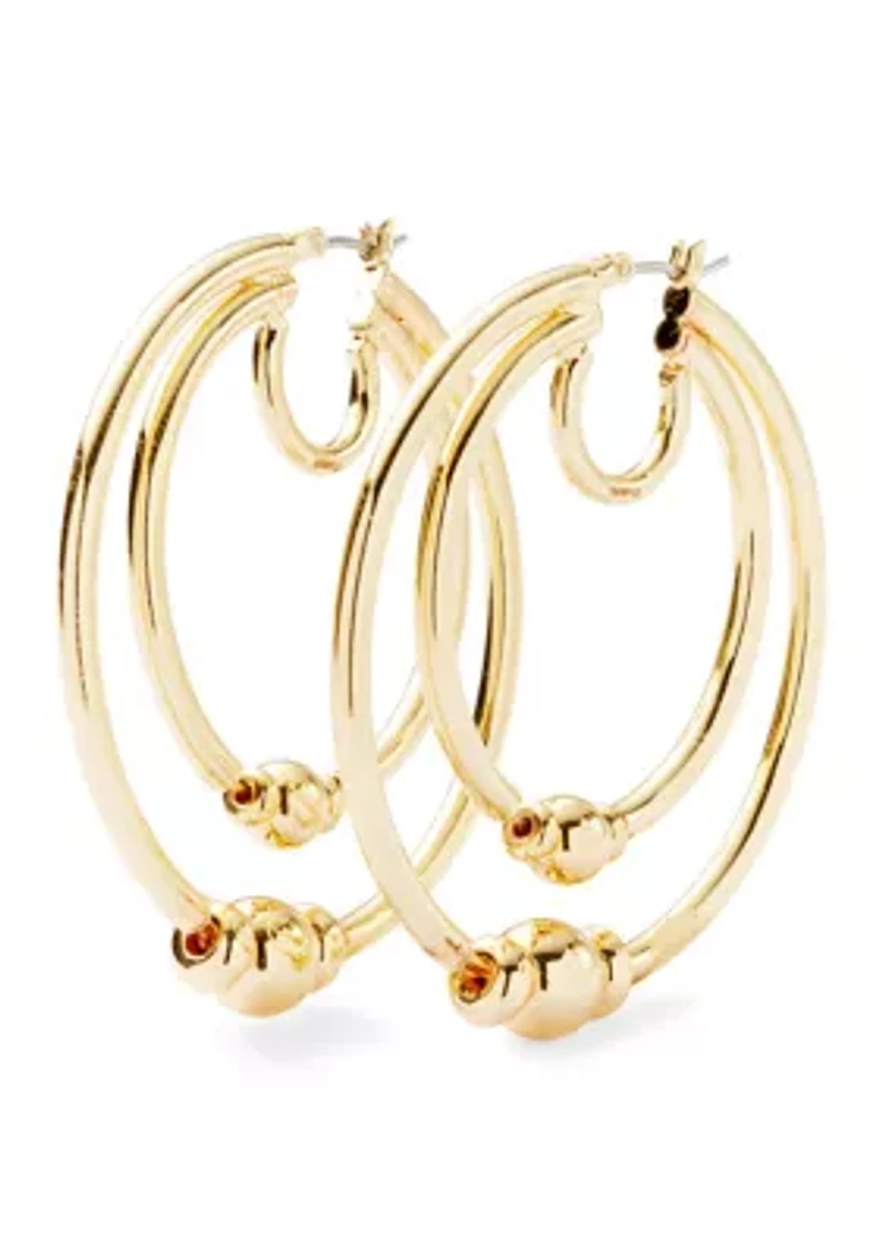Beaded Double Row Gold Tone Hoop Earrings