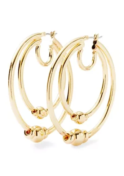 Beaded Double Row Gold Tone Hoop Earrings