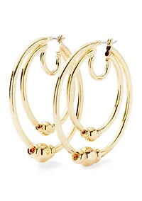 Beaded Double Row Gold Tone Hoop Earrings 
