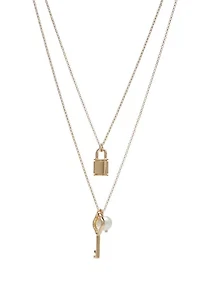 Gold Tone 20'' Lock and Key Double Row Necklace