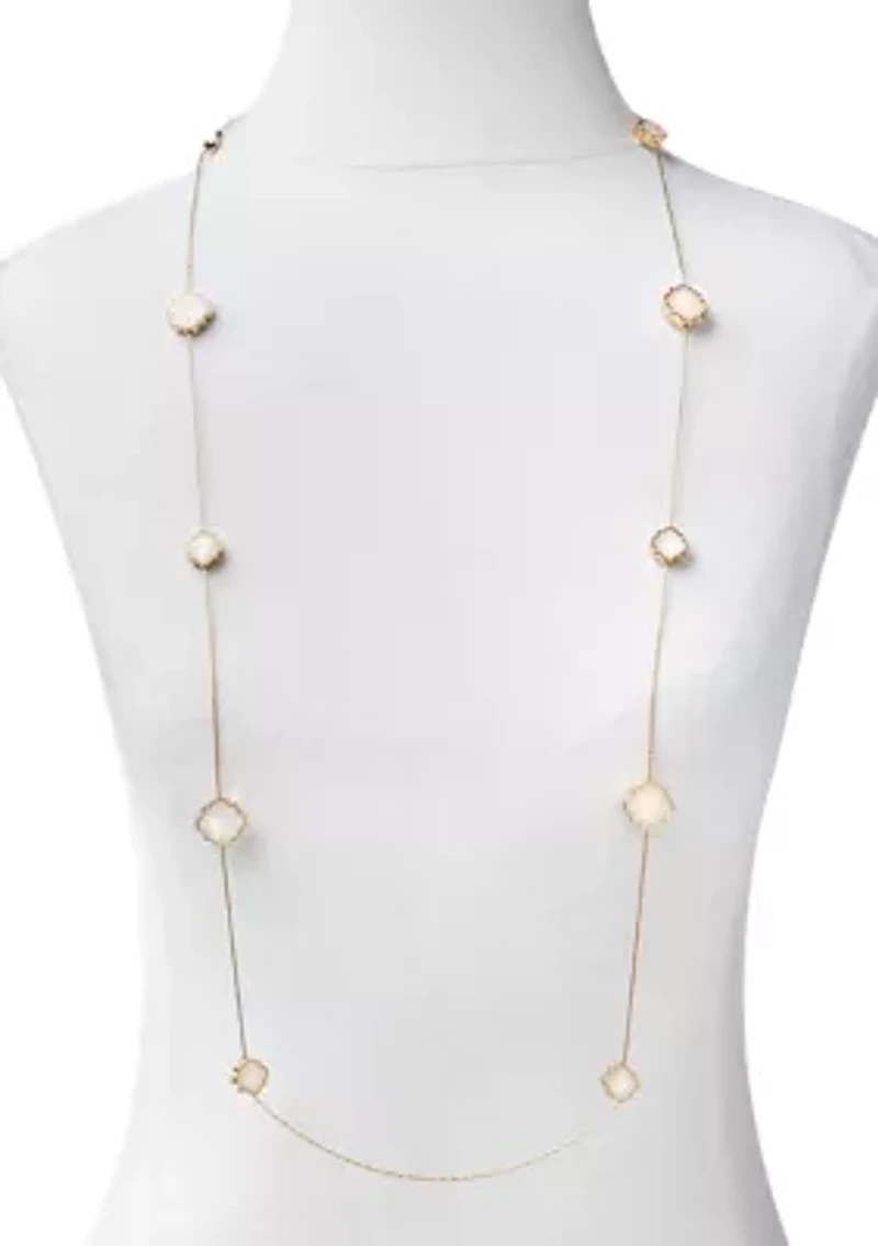 Gold Tone Quatrefoil Motif Long Necklace