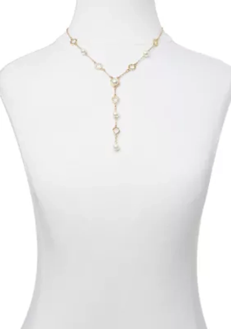 Gold Foil and Pearl Y Neck Necklace