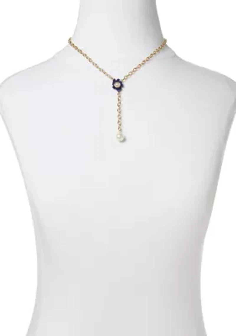 Gold Tone 16" Blue and Pearl Y Necklace