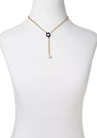 Gold Tone 16" Blue and Pearl Y Necklace