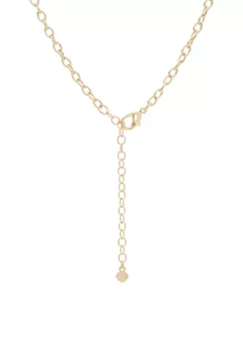 Gold Tone 16" Blue and Pearl Y Necklace