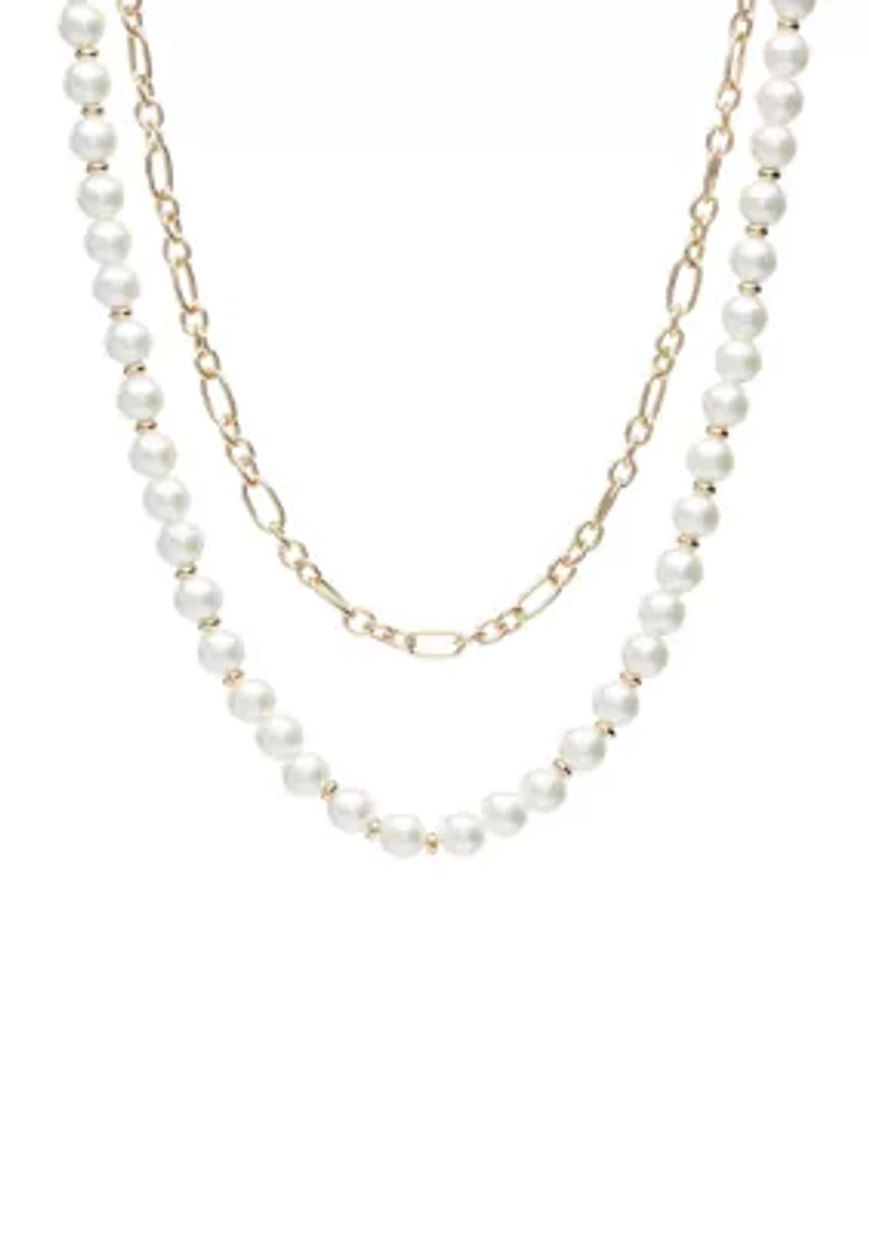 Gold Tone 16" Pearl Multirow Chain Necklace