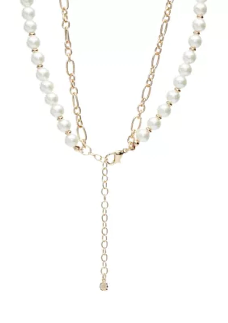 Gold Tone 16" Pearl Multirow Chain Necklace
