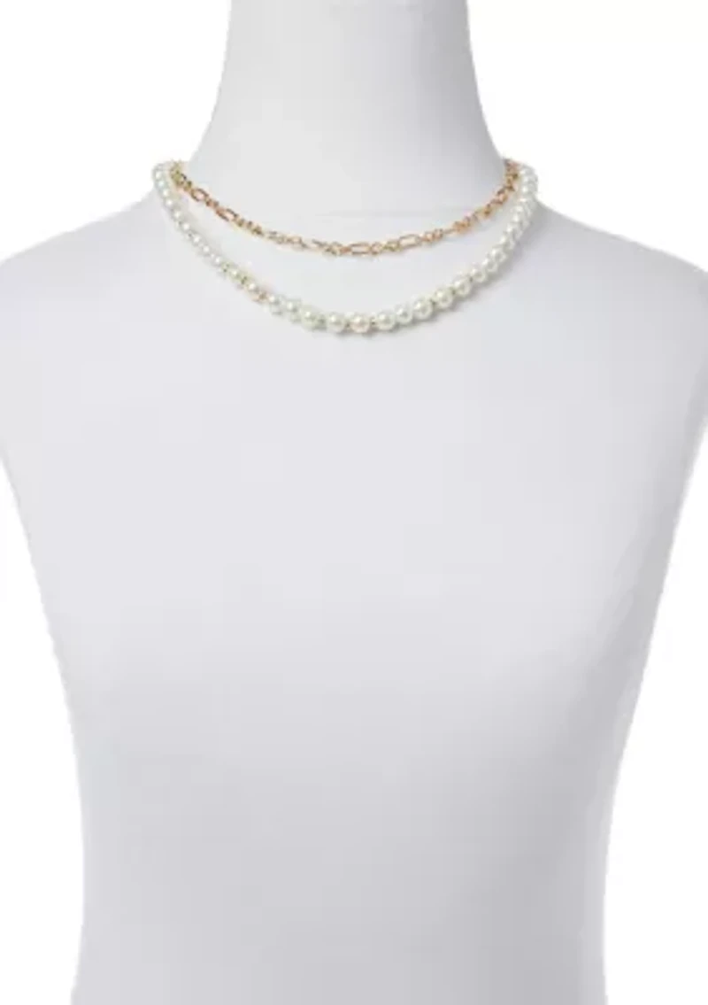 Gold Tone 16" Pearl Multirow Chain Necklace