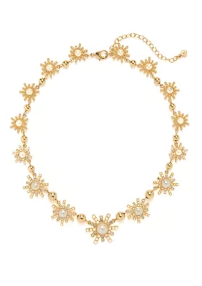 Gold Tone Starburst Pearl Collar Necklace