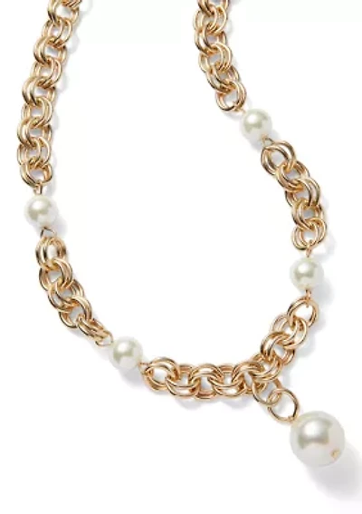Gold Tone Pearl Link Y Necklace