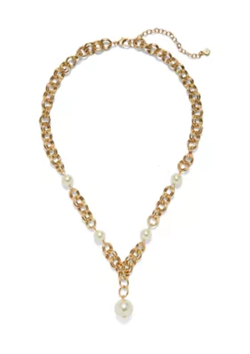 Gold Tone Pearl Link Y Necklace