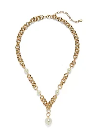 Gold Tone Pearl Link Y Necklace