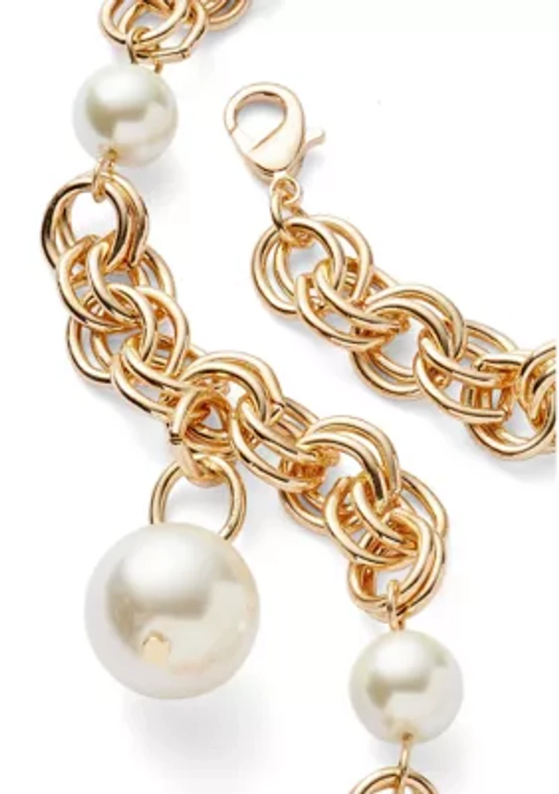Gold Tone Pearl Link Y Necklace