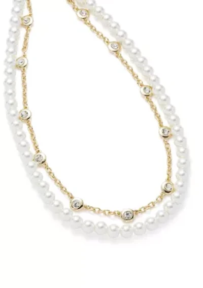 Gold Tone Pearl Collar Multirow Necklace