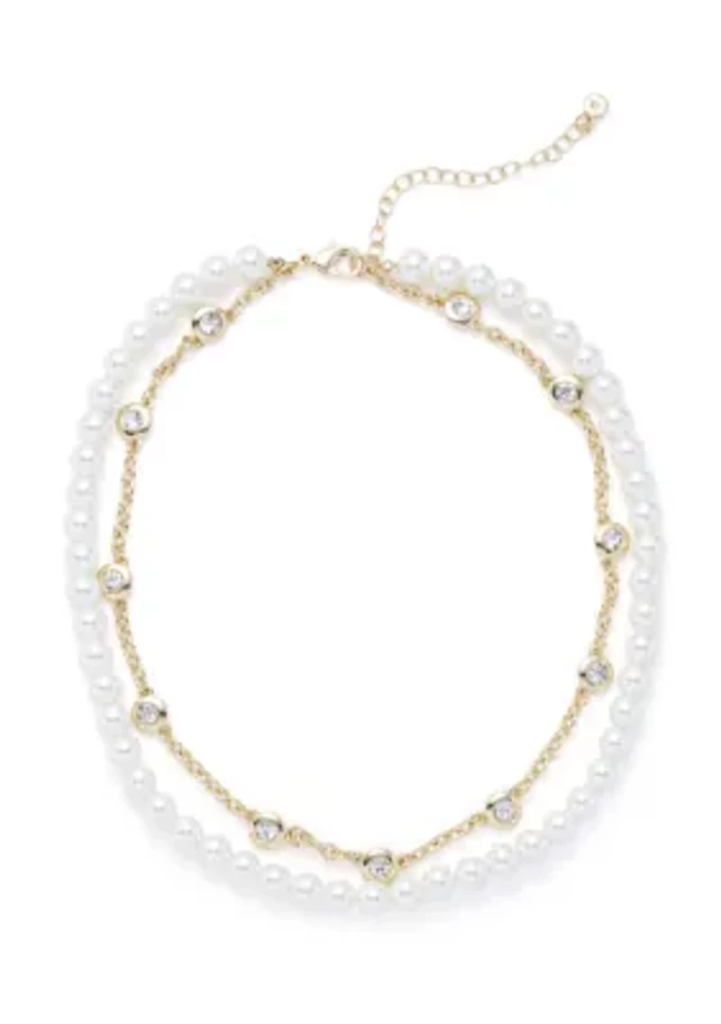 Gold Tone Pearl Collar Multirow Necklace