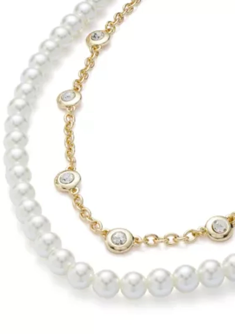 Gold Tone Pearl Collar Multirow Necklace