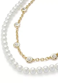 Gold Tone Pearl Collar Multirow Necklace