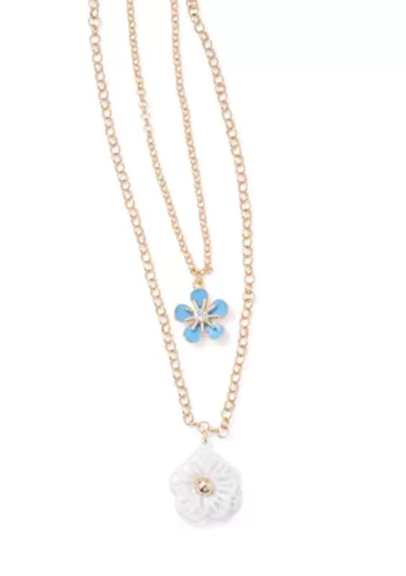 Gold Tone Blue Flower Multi Row Necklace
