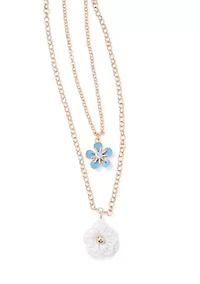 Gold Tone Blue Flower Multi Row Necklace