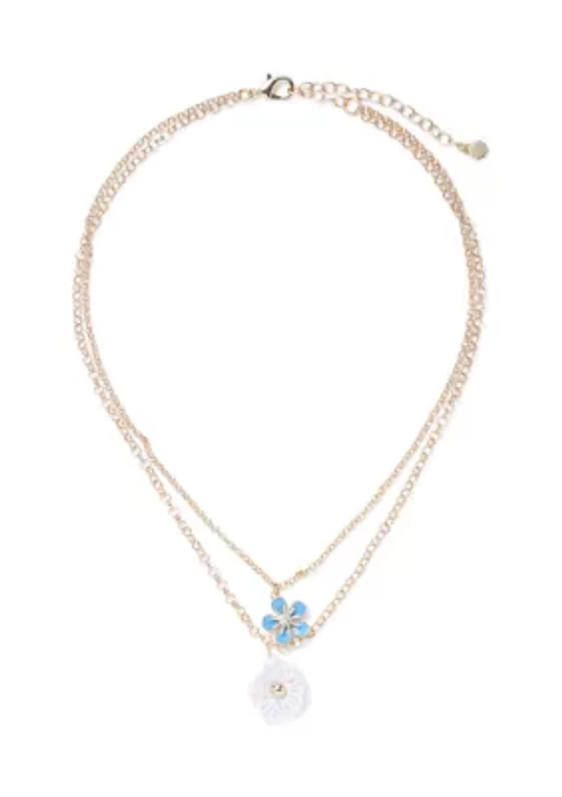 Gold Tone Blue Flower Multi Row Necklace