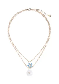 Gold Tone Blue Flower Multi Row Necklace
