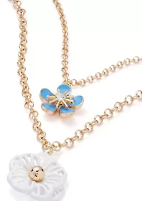 Gold Tone Blue Flower Multi Row Necklace