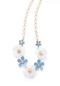 Gold Tone Blue Enamel Flower Frontal Necklace