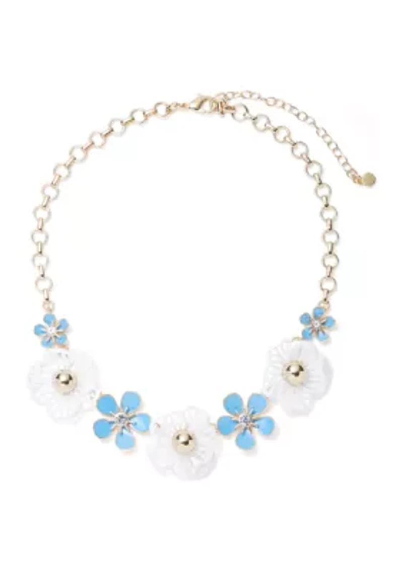 Gold Tone Blue Enamel Flower Frontal Necklace