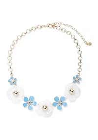 Gold Tone Blue Enamel Flower Frontal Necklace
