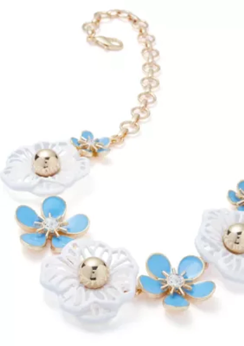 Gold Tone Blue Enamel Flower Frontal Necklace