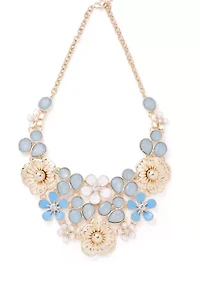Gold Tone Blue Flower Drama Frontal Necklace