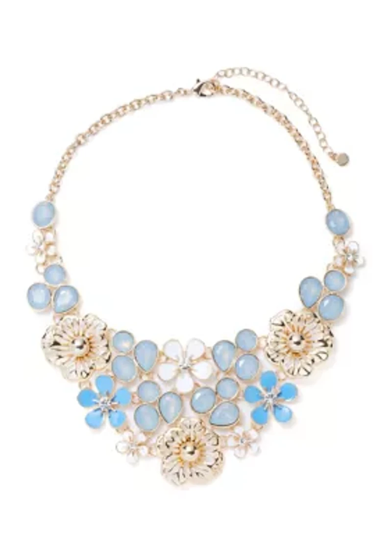 Gold Tone Blue Flower Drama Frontal Necklace