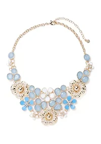 Gold Tone Blue Flower Drama Frontal Necklace