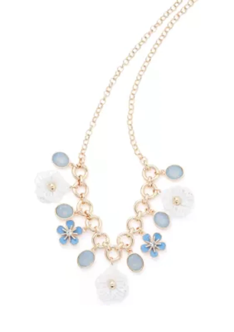Gold Tone Blue Shaky Flower Frontal Necklace