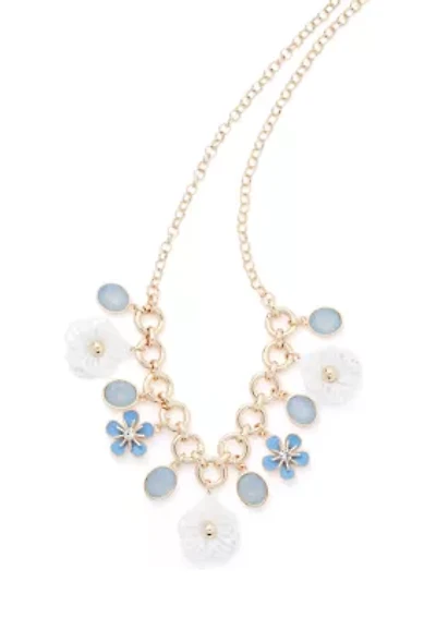 Gold Tone Blue Shaky Flower Frontal Necklace