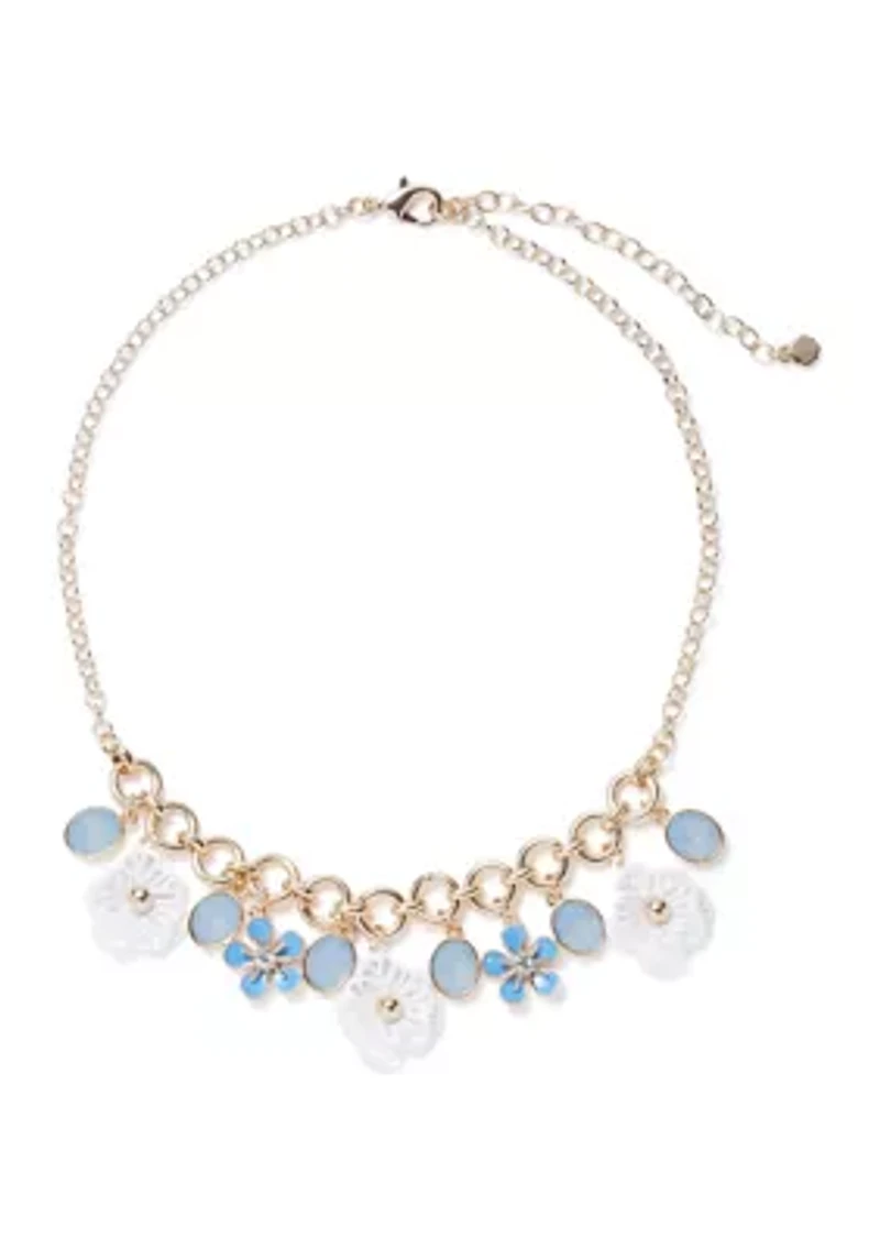 Gold Tone Blue Shaky Flower Frontal Necklace